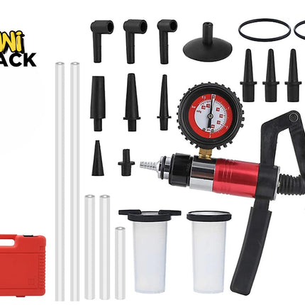 A comprehensive automotive vacuum and pressure test kit featuring a manual hand pump with an integrated red and black gauge, multiple fluid reservoirs, various hoses, adapters, and connectors, next to a red storage case, set against a white background with the "Kiwi Shack" logo in the top left corner.