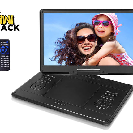 Portable DVD player with a screen displaying a woman and child, accompanied by a remote control, on a white background. Brand 'Kiwi Shack' visible.