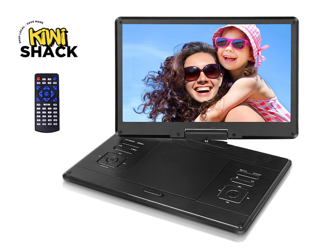 Portable DVD player with a screen displaying a woman and child, accompanied by a remote control, on a white background. Brand 'Kiwi Shack' visible.