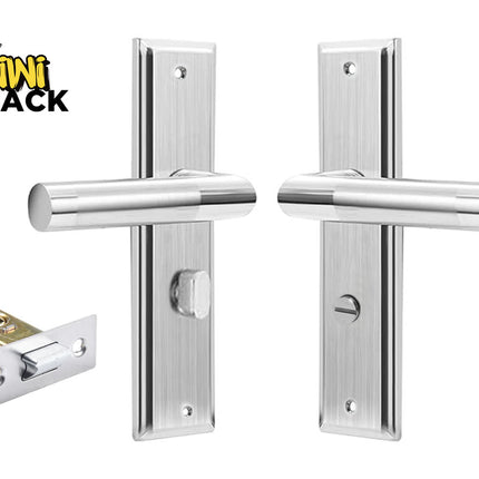Pair of brushed stainless steel cylindrical lever door handles on vertical grooved rectangular backplates, with a privacy thumbturn on the interior plate, emergency release slot on the exterior plate, and a latch mechanism with strike plate, branded with the "Kiwi Shack" logo in the top-left corner.