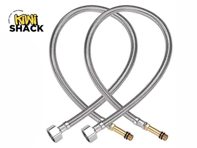 A pair of braided stainless steel flexible faucet connector supply hoses with threaded brass fittings, featuring the "Kiwi Shack" logo in the top-left corner.