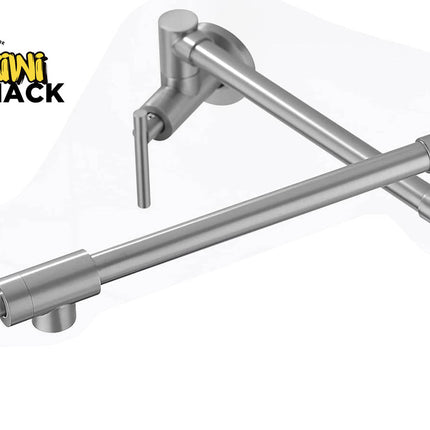 Brushed nickel wall-mounted articulating pot filler faucet with double-jointed swing arms, vertical handle levers at the wall mount and nozzle head, and Kiwi Shack logo in top left.