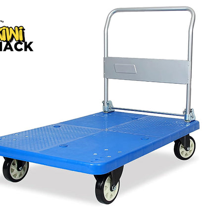 Blue platform cart with a gray handle on a white background, featuring the Kiwi Shack logo.
