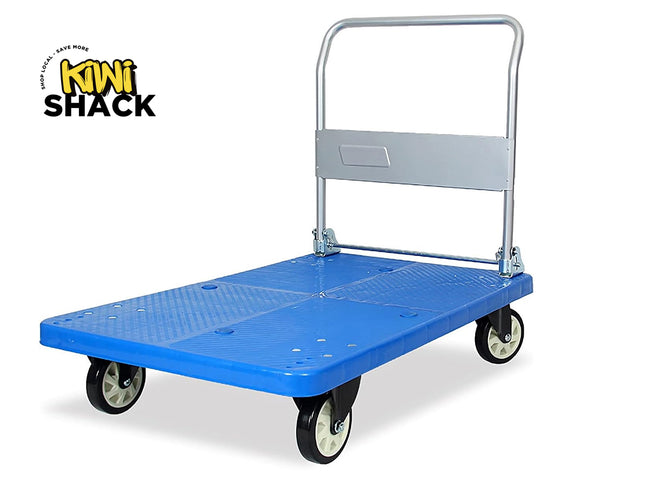 Blue platform cart with a gray handle on a white background, featuring the Kiwi Shack logo.