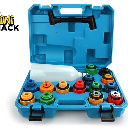 Set of colorful plumbing tools in a blue case with Kiwi Shack logo.