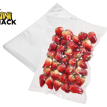 Strawberries in a clear plastic bag with 'Kiwi Shack' logo on a white background