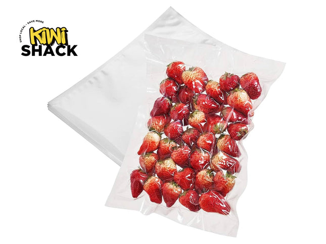 Strawberries in a clear plastic bag with 'Kiwi Shack' logo on a white background