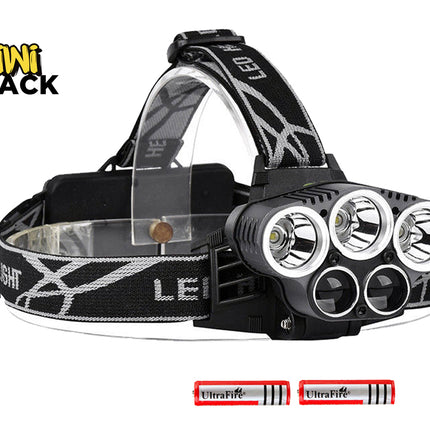 A black, multi-bulb LED headlamp with a patterned strap and two UltraFire rechargeable batteries, featuring the "Kiwi Shack" logo in the top-left corner.