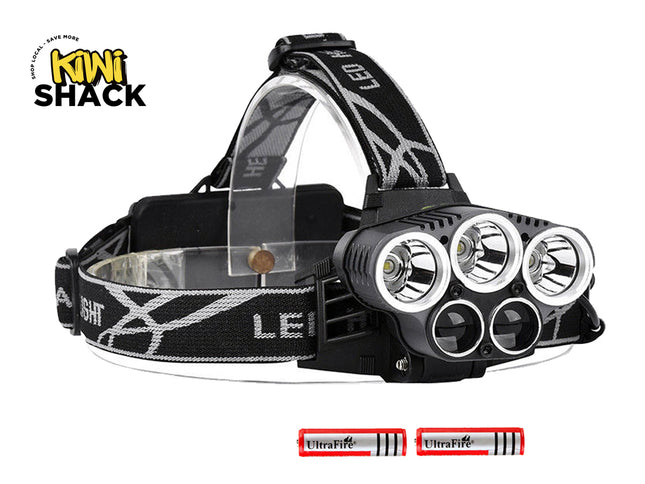 A black, multi-bulb LED headlamp with a patterned strap and two UltraFire rechargeable batteries, featuring the "Kiwi Shack" logo in the top-left corner.