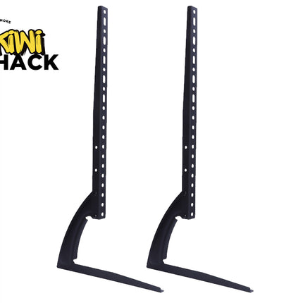 Two black tabletop TV mount legs with vertical mounting bars against a white background, featuring the "Kiwi Shack" logo in the upper left corner.