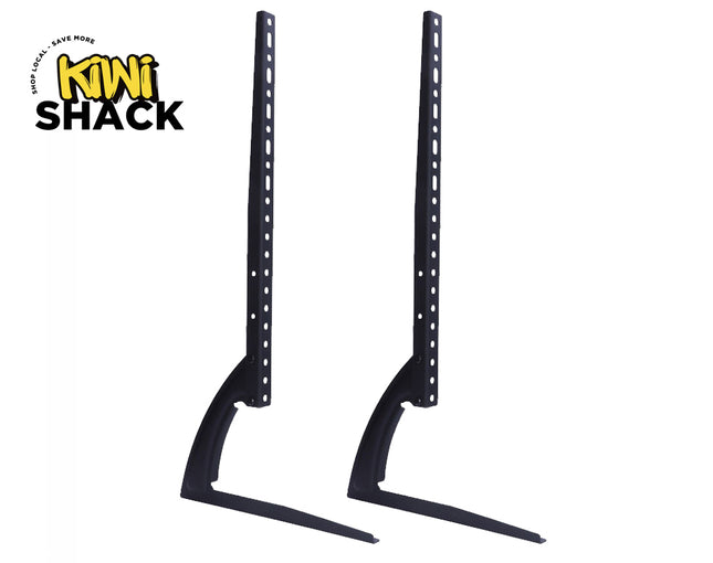 Two black tabletop TV mount legs with vertical mounting bars against a white background, featuring the "Kiwi Shack" logo in the upper left corner.