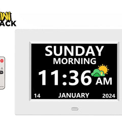 Digital clock with calendar and weather display on a white background, featuring the Kiwi Shack brand.