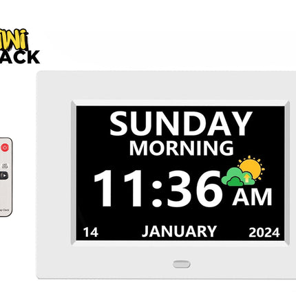 Digital clock with calendar and weather display on a white background, featuring the Kiwi Shack brand.