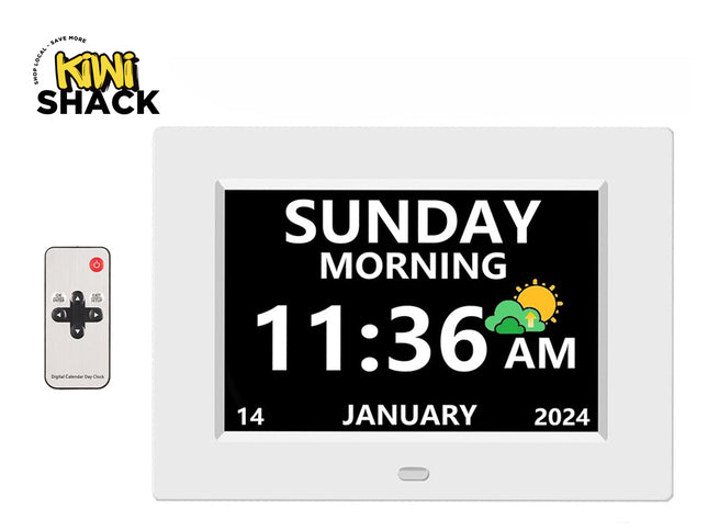 Digital clock with calendar and weather display on a white background, featuring the Kiwi Shack brand.