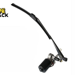 A black electric windshield wiper motor assembly connected to a metal wiper arm and blade, featuring a "Kiwi Shack" logo in the top left corner.