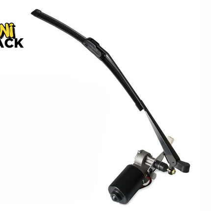 A black electric windshield wiper motor assembly connected to a metal wiper arm and blade, featuring a "Kiwi Shack" logo in the top left corner.