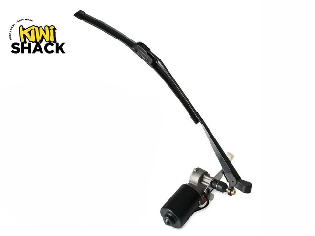 A black electric windshield wiper motor assembly connected to a metal wiper arm and blade, featuring a "Kiwi Shack" logo in the top left corner.