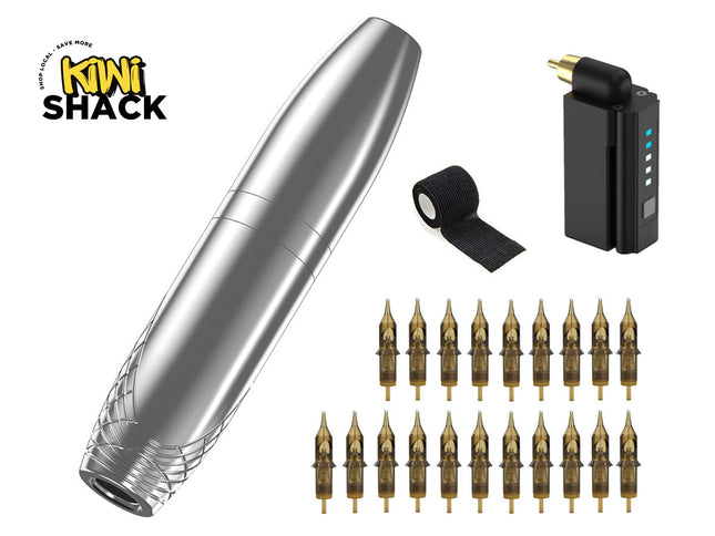 Tattoo machine and accessories with Kiwi Shack logo on a white background