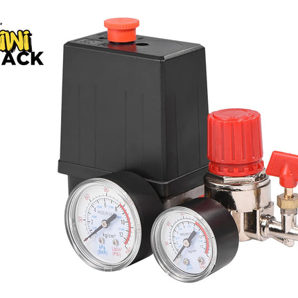 Pressure regulator with gauges and red knobs on a white background, branded 'Kiwi Shack'.