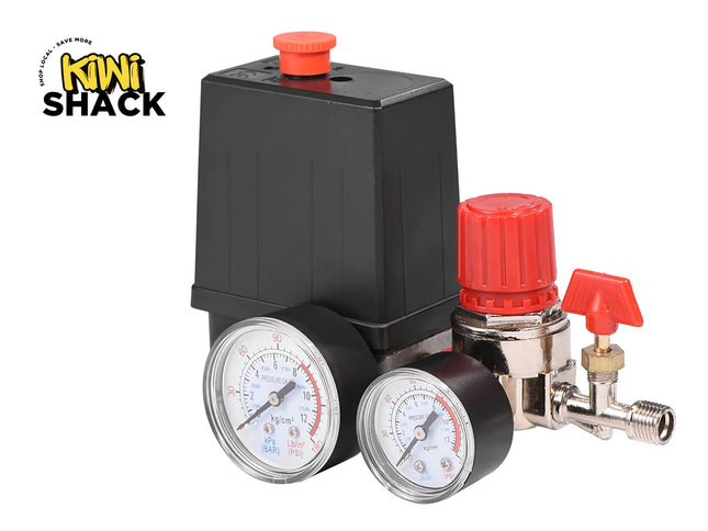 Pressure regulator with gauges and red knobs on a white background, branded 'Kiwi Shack'.