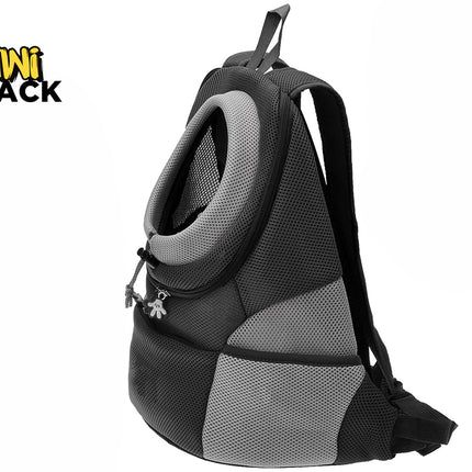 A black and grey mesh pet carrier backpack featuring an adjustable drawstring neck opening, padded shoulder straps, and a front pocket against a white background, featuring the "Kiwi Shack" logo in the upper left corner.