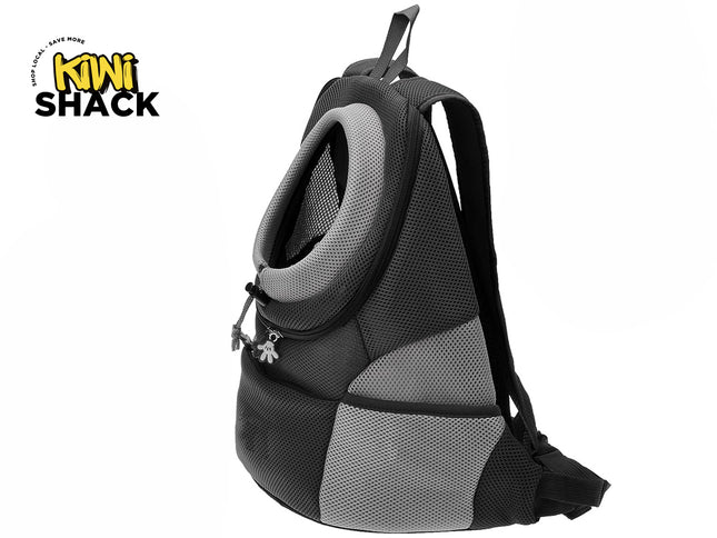 A black and grey mesh pet carrier backpack featuring an adjustable drawstring neck opening, padded shoulder straps, and a front pocket against a white background, featuring the "Kiwi Shack" logo in the upper left corner.