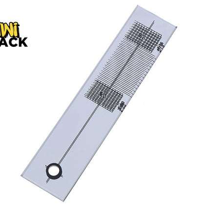 A silver metal measuring ruler with black printed grid lines and markings, shown diagonally on a white background with the 'Mini Shack' logo in the top-left corner.