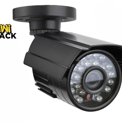 Black outdoor bullet security camera with infrared LED ring around the lens, ceiling/wall mount bracket, and Kiwi Shack logo on the upper left.
