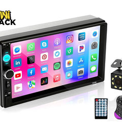 Car multimedia player with app icons on screen, remote control, and backup camera on a white background.