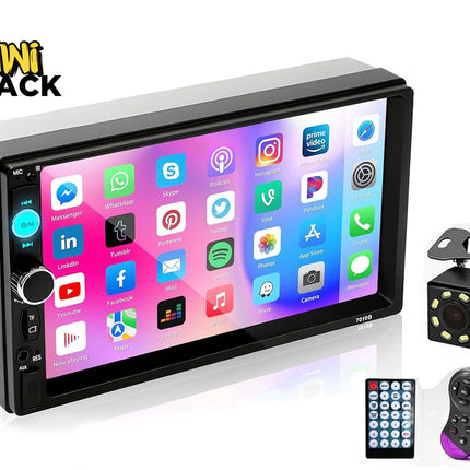 Car multimedia player with app icons on screen, remote control, and backup camera on a white background.