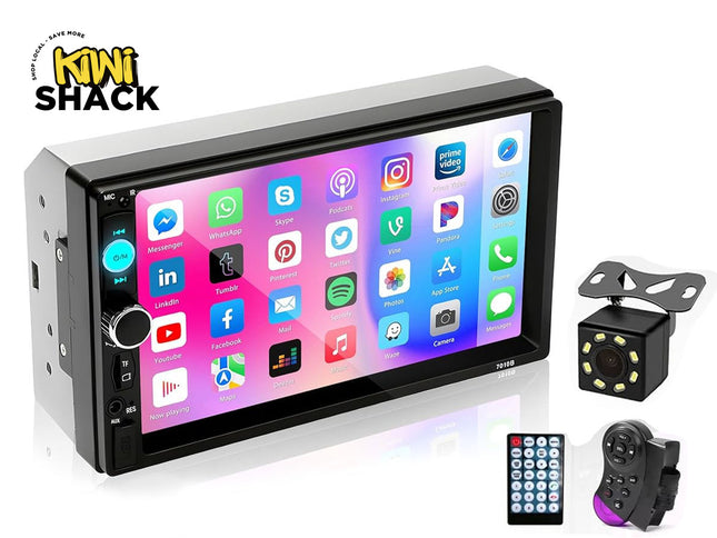 Car multimedia player with app icons on screen, remote control, and backup camera on a white background.