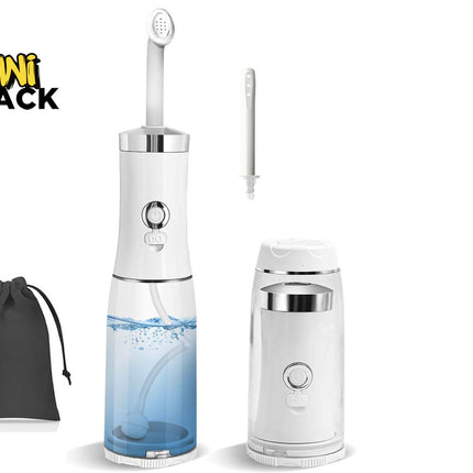 A Kiwi Shack oral irrigator water flosser shown with its main device, a separate white nozzle attachment, a black drawstring storage pouch, and the Kiwi Shack logo on a plain white background.