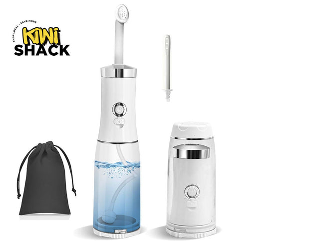 A Kiwi Shack oral irrigator water flosser shown with its main device, a separate white nozzle attachment, a black drawstring storage pouch, and the Kiwi Shack logo on a plain white background.