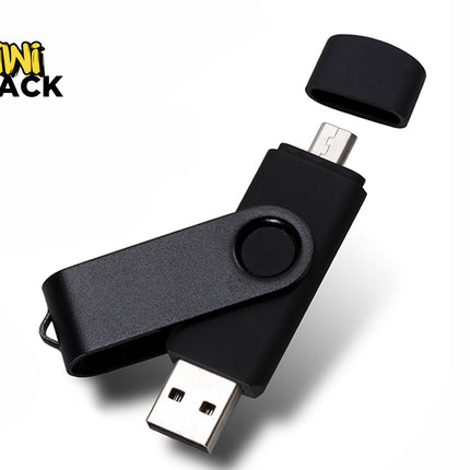 A black multi-interface flash drive featuring both a standard USB-A connector and a micro-USB connector with a detachable protective cap, with a "Kiwi Shack" logo in the top left corner.