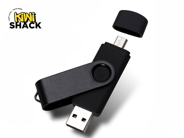 A black multi-interface flash drive featuring both a standard USB-A connector and a micro-USB connector with a detachable protective cap, with a "Kiwi Shack" logo in the top left corner.