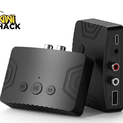 Two black electronic devices with audio ports on a white background, featuring the Kini Shack logo.