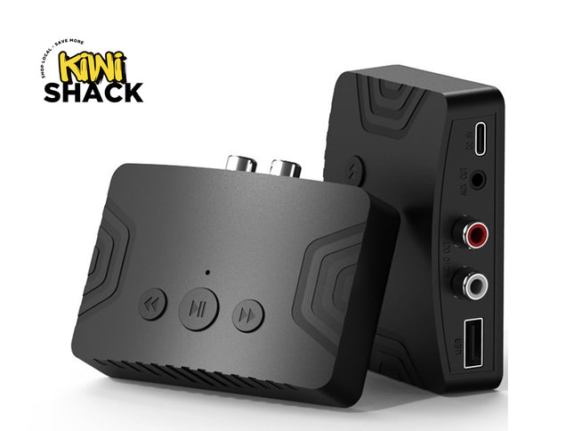 Two black electronic devices with audio ports on a white background, featuring the Kini Shack logo.