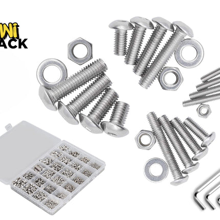 Kiwi Shack assorted metric machine screw, nut, and washer hardware assortment kit with hex keys and organizer case.