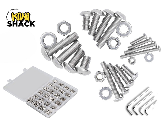 Kiwi Shack assorted metric machine screw, nut, and washer hardware assortment kit with hex keys and organizer case.
