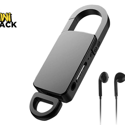 A sleek black and gray digital voice recorder with a carabiner clip design and side control buttons, displayed alongside a pair of black wired earphones, with a "Kiwi Shack" logo in the top left corner.