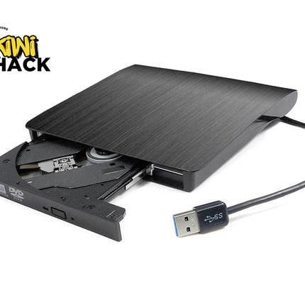 Black external DVD drive with USB cable on a white background, featuring the Kiwi Shack logo.