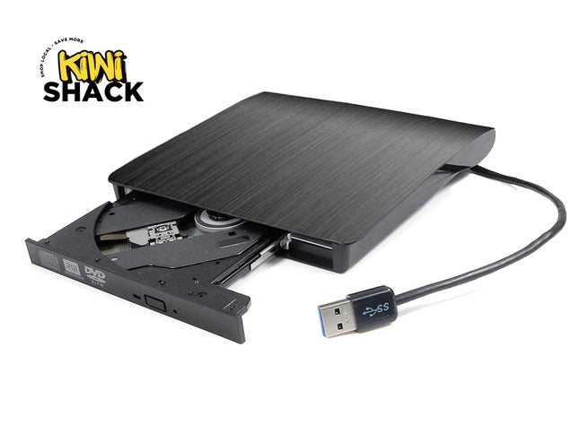 Black external DVD drive with USB cable on a white background, featuring the Kiwi Shack logo.