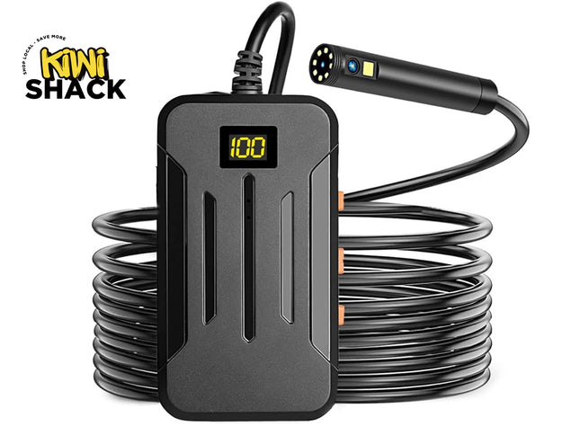 A black mini endoscope camera with a coiled cable, a digital display showing '100', and a flexible camera tip, shown on a white background with the 'Kini Shack' logo in the top-left corner.