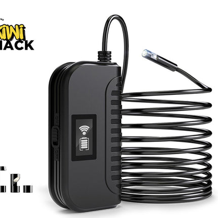 Black inspection camera with coiled cable on a white background, featuring the Kiwi Shack logo.