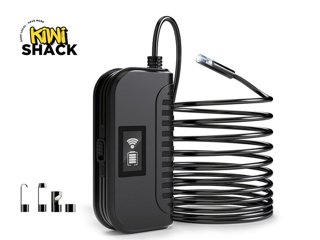Black inspection camera with coiled cable on a white background, featuring the Kiwi Shack logo.