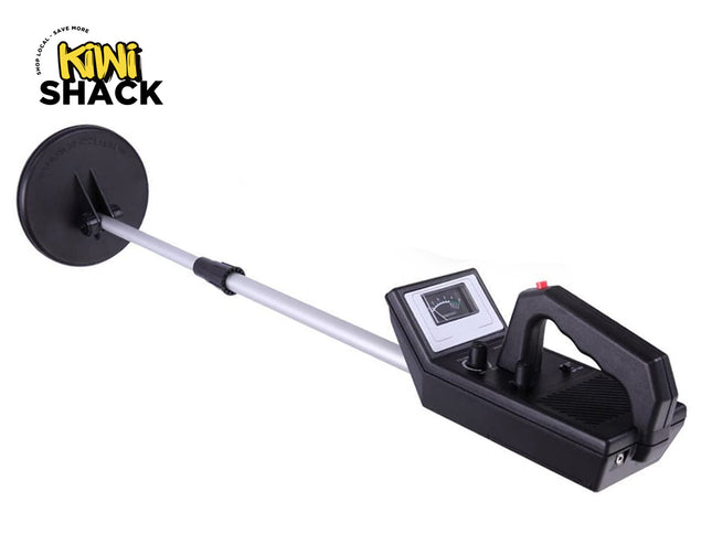 Metal detector with a screen and handle on a white background, branded 'Kiwi Shack'.