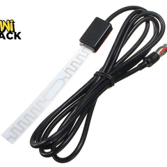 A black coiled cable with a small black rectangular connector block and a red-and-black plug, shown next to a white flexible strip with repeating cutout slots. The product is photographed on a plain white background with the Kiwi Shack logo in the top-left corner.