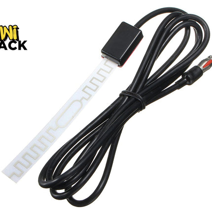 A black coiled cable with a small black rectangular connector block and a red-and-black plug, shown next to a white flexible strip with repeating cutout slots. The product is photographed on a plain white background with the Kiwi Shack logo in the top-left corner.