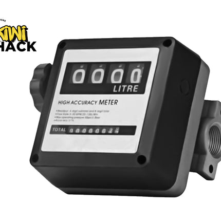 A black high-accuracy digital water meter with a white faceplate showing four digits for liters, photographed on a white background with a 'Kini Shack' logo in the top-left corner.