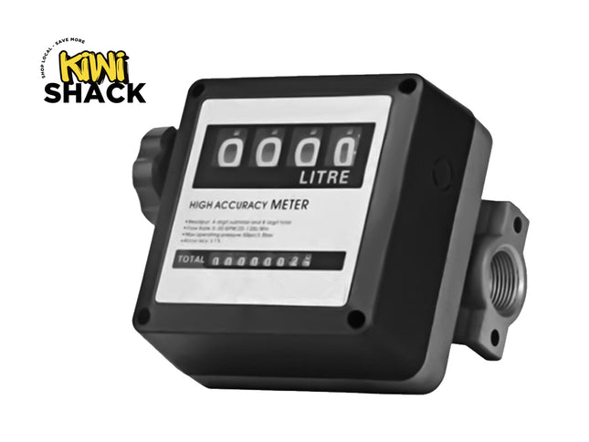 A black high-accuracy digital water meter with a white faceplate showing four digits for liters, photographed on a white background with a 'Kini Shack' logo in the top-left corner.